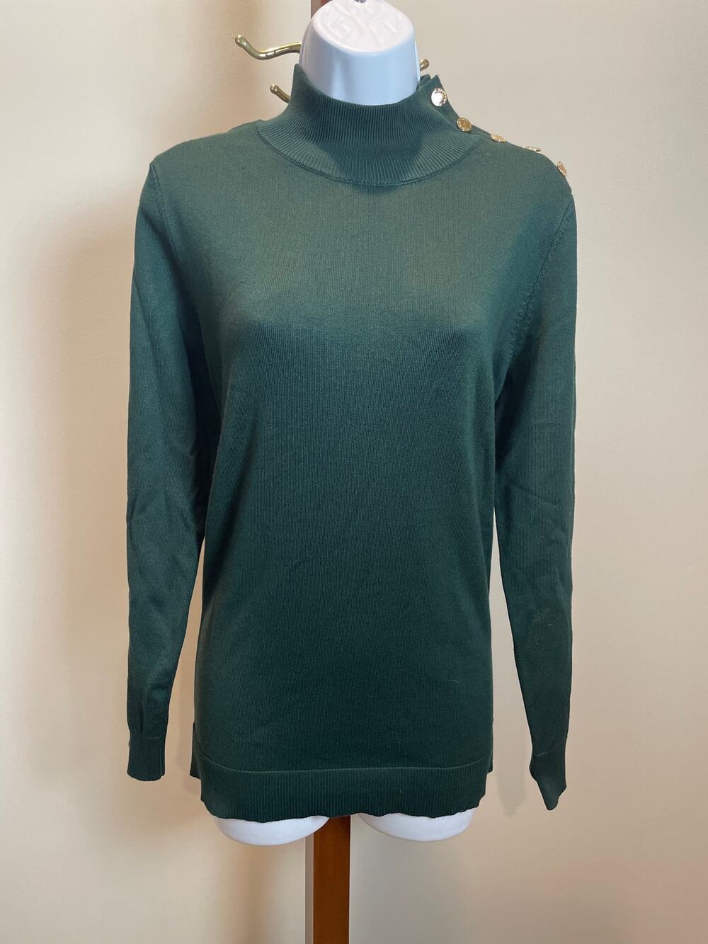 Calvin Klein Green Mock Neck Knit Sweater Size M Gold Button Detail